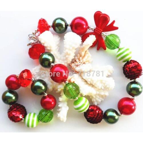 Hot sale 2sets/lot fashion baby girls chunky bubblegum beads necklace bracelets for christmas red bowknot necklace set jewerly