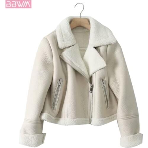 Fur Faux Leather Lapel Long Sleeve Thick Warm Short Womens Jacket Coat Vintage Lambswool Chic Female Locomotive Tops black