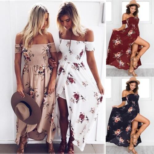 Summer Women Off Shoulder Boho Style Maxi Dress Floral Printed Long Dress plus size S-5XL