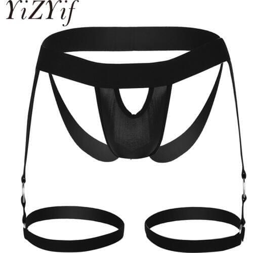 YiZYiF Sexy boxers Mens Underwear Bulge Pouch Open Butt Jockstrap G-string with Leg Garters Band O-rings Unique Design Lingerie