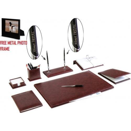 YENICE 9 pcs Office Business Leather Desk Table Pad Accessories Set Desk Set + Your name on Pen and Free Metal Photo Frame GIFT