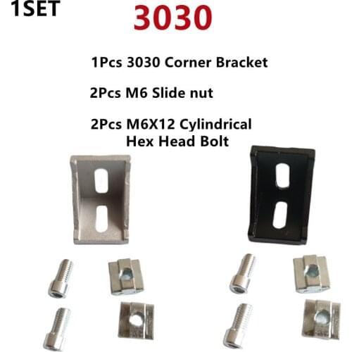 3030 Aluminum Profile Connector Set: 2Pcs M6X12 Cylindrical Hexagon Head Bolt + 1Pcs 3030 Corner Bracket + 2Pcs M6 Slide Nut