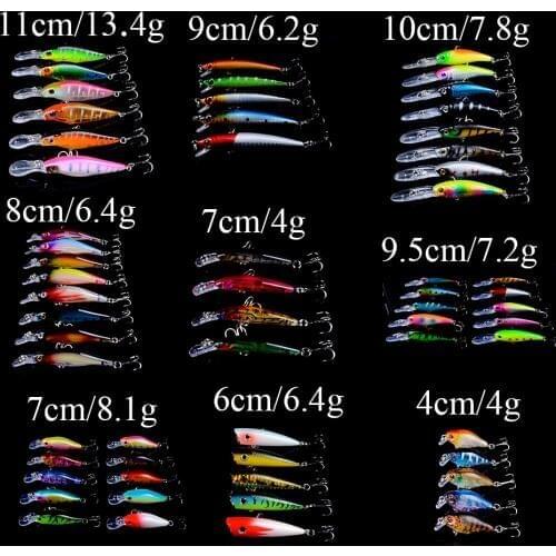 61pcs Minnow Fishing Lures Set Mixed 9 Different Model Hard Baits Artificial Lifelike Bass Crankbait Fishing Tackle Wholesale