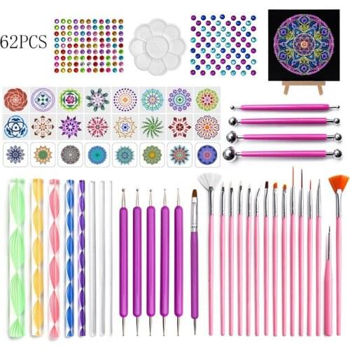 62pcs/set Mandala Dotting Tools Gem Sticker Mold Embossing Dot Kit Dotting Pens Brush Acrylic Rods Rocks Painting DIY Tools