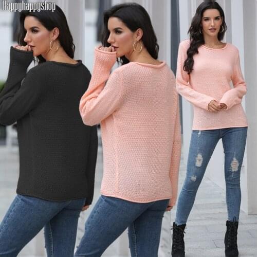 Pure Color Women Ladies Casual Round-Neck Knitted Long Sleeve Sweater Warmer Pullovers Jumper Tops Black/Pink S-XL