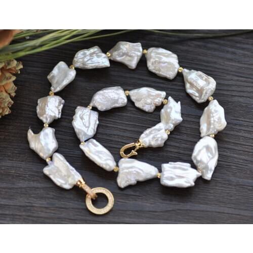 P7616 18" 23mm White Baroque Biwa Keshi Pearl Choker Necklace