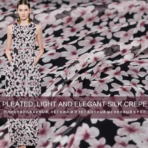 Pearlsilk Black Printed Crinkle Chiffon 100% Silk Materials Summer Dress DIY clothes fabrics Freeshipping