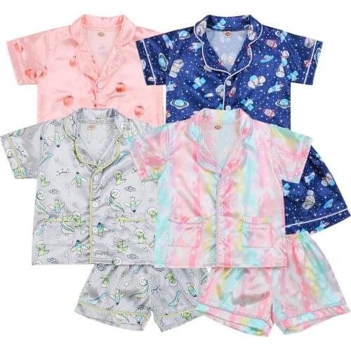 1-6 Years Unisex Kids Silk 2 Pieces Pajama Sets Summer Cartoon Short Sleeve Tops+ Shorts Sleepwear Baby Girl Boy Nightwear
