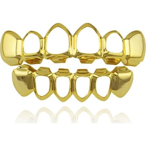 Gold Silver Color Hollow Teeth Grillz for Men Women Top Bottom Fang Mouth Dental Tooth Grills Hip Hop Body Jewelry Gift