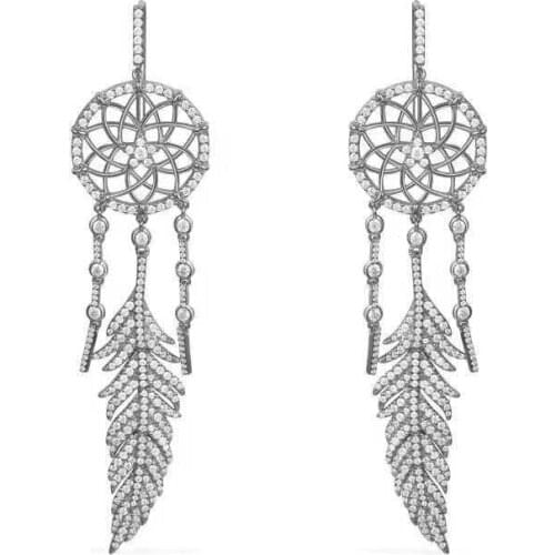 SOELLE Luxury 925 Sterling Silver Drak Gray Color Dreamcatcher Drop Earrings Women Feather Zircoia Stones Fine Brand Jewelry