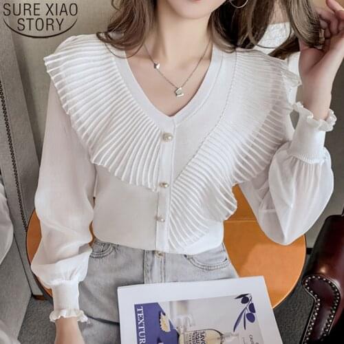 Korean Fashion Spliced Chiffon Shirt 2021 Autumn White Blouse Women Long Sleeve Ruffled Elegant Button V-neck Knitted Tops 16848