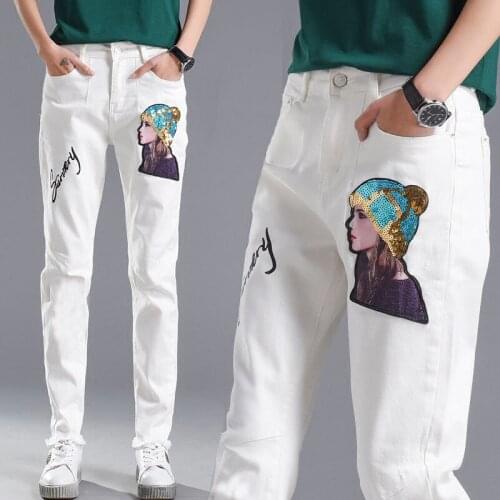 2021 Womens White Painted Print Jeans Women Casual Slim Fit And Thin Feet Stretch All-match Harem Pants Ladies Denim Jeans B