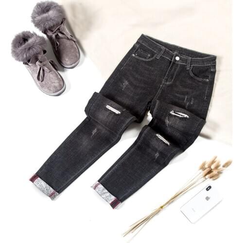 High Waisted Black Hold Jeans Womens 2021 Plus Size New Korean Slim Black Plush Velvet Skinny Jeans Woman