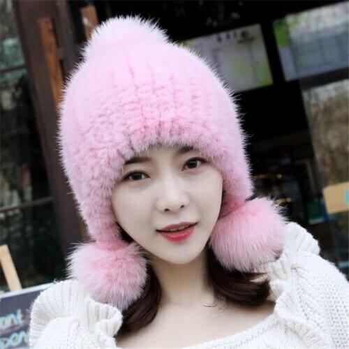 Womens Fur Hats Knitted Real Mink Fur Pom Poms Beanies Fashion Thick Warm In Winter Caps with 3 Fox Fur Balls New Arrival