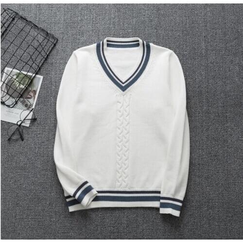 Preppy Style Unifrom V-Neck Sprinng Couples Sweater Japanese High School JK Long Sleeve Sweaters Twisted Line With Badge