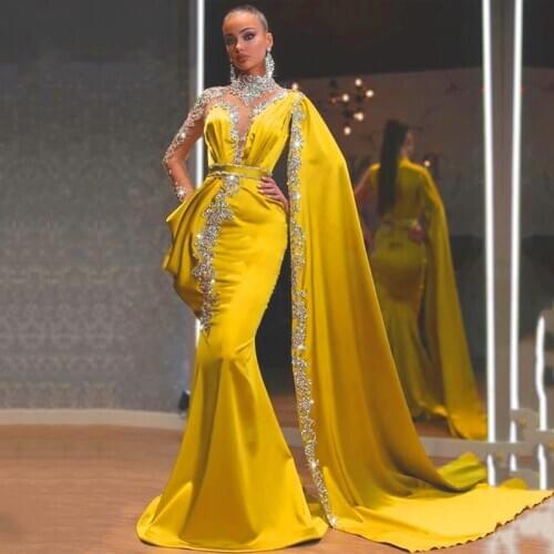 LORIE Luxury Beading Evening Dresses Arabic Mermaid Cape Long Sleeve Satin Prom Gowns For Party Dubai Celebrity Dresses 2021