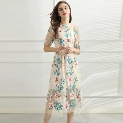 Runway Fashion Women Summer HIgh Quality Flower Mesh Embroidery Midi Elegant Dress