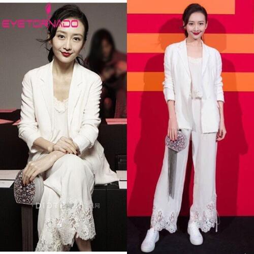 Women Work Outfit 2 Piece Pant Set Single Breasted Slim Short White Blazer Jacket Long Hollow Out Wide-legged Trouser Suit Traje