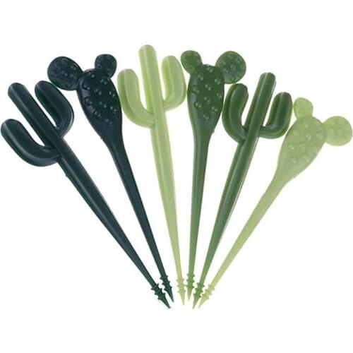 6 Pieces Cute Green Cactus Plastic Food Picks Reusable Plant Shape Fruit Fork Sets Bento Box Accessories Party Supplies
