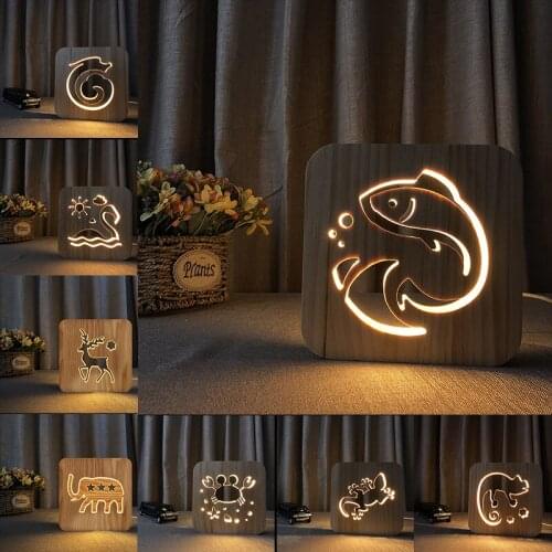 Acecorner LED USB Night Light Wooden Dragon Flamingo Head Animal Lamp Novelty Kid Bedroom 3D Decoration Table Lights Child Gift