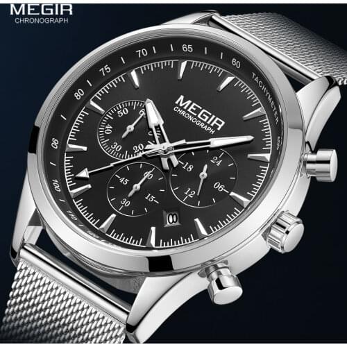 MEGIR Mens Watches Fashion Stainless Steel Mesh Strap Chronograph Quartz Watch Man Luxury Waterproof Luminous Wristwatch 2153