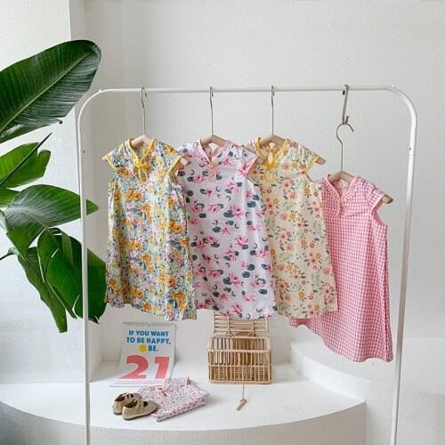 Girls Cheongsam New Summer Childrens Ethnic Style Floral Print Sleeveless Sweet Dress Toddler Kid Clothes