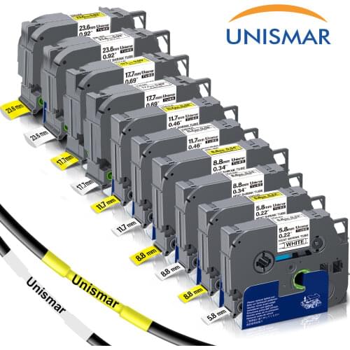 Unismar HSe-211 HSe211 HS-211 HS211 1/4" 6mm Black on White Heat Shrink Tube Replace for Brother P-touch PT-D210 PT-D400 PT-E300