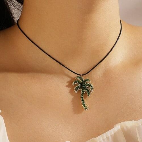 HuaTang Bohemian Green Crystal Coconut Tree Pendant Necklace for Women Black Rope Chains Lady Party Collares Jewelry on the Neck