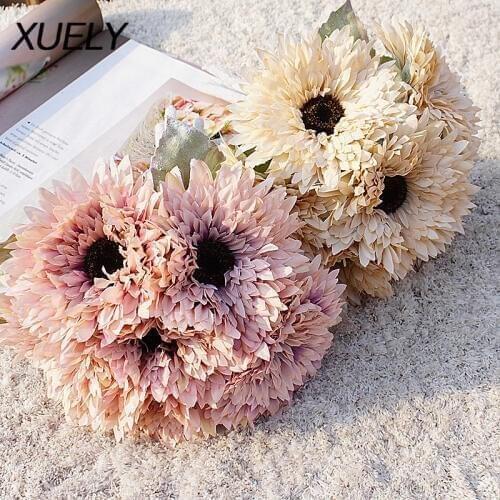 6 head Flocking hands tied multi-layered sun flower bouquet gerbera artificial flower chrysanthemum home decoration wedding Prop