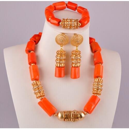 Pretty nigerian wedding orange coral beads jewelry set african coral necklace set bridal jewelry sets C21-35-02