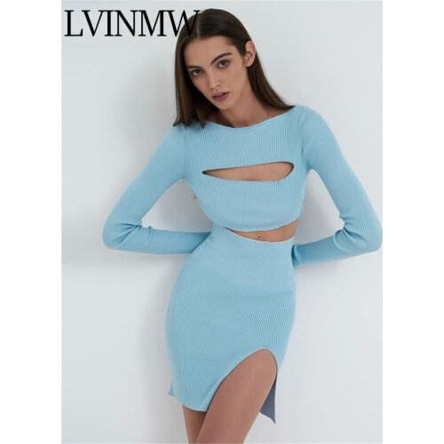 LVINMW Sexy Solid Casual Rib Knitted Two Piece Set Woman O Neck Long Sleeve Hollow Out Crop Top And High Waist Split Mini Skirts