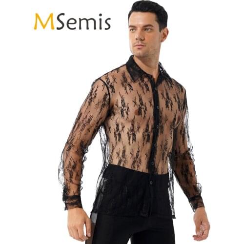 Mens Fashion See-through Floral Lace Shirt Turn-down Collar Long Sleeve Button Tee Shirt Tops Male Stage Performance Costume