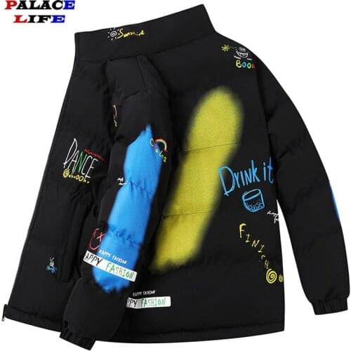 Hip Hop Mens Letter Graffiti Print Thicken Double-sided Parkas 2021 New Winter Warm Waterproof Loose Jackets Male Oversize 8XL
