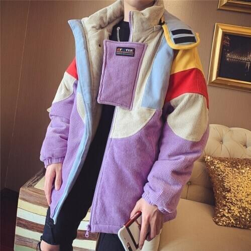 Mens Winter Mixed Color Thick Warm Parkas Coat Hooded Loose Corduroy Casual Outwear Z23