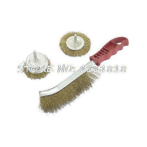 3pcs Set Red Nonslip Plastic Handle Brass Tone Crimped Steel Wire Brushes Wheel 50mm T Type and Bowl Type Shaft 6mm