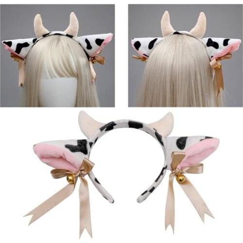 Cartoon Plush Cow Ears Headband with Bells Ribbon Bow Anime Lolita Hair Hoop Kawaii Animal Party Cosplay Headpiece My11 21