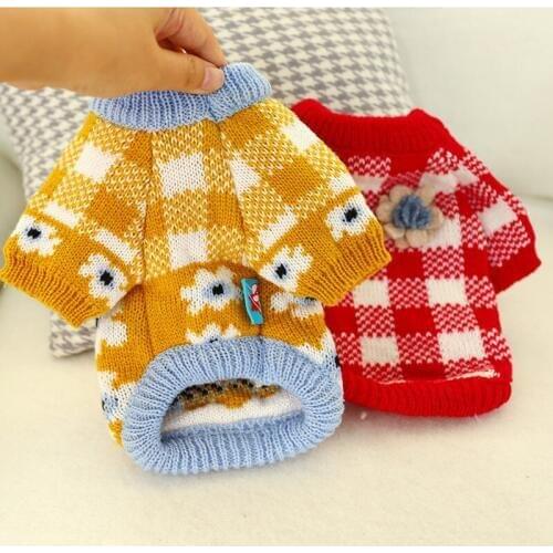 Pet Clothes Wool Knitted Autumn And Winter Models Elastic Puppy Dog Cat Red White Grid, Turmeric Rose Flower Pullover Sweater