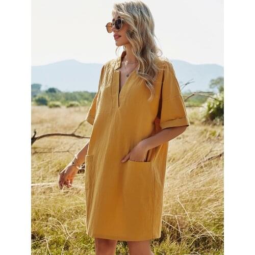 Dresses Women Casual Pockets V-Neck Short Sleeve Mini Dress A-Line Lose Pullover Solid Color Cotton Summer Holiday Style Beach