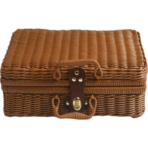 Vintage Portable Handmade Rattan Woven Storage Case Makeup Travel Picnic Luggage Basket Holder Suitcase Sundries Organizer Box