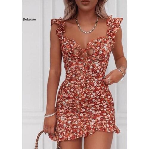 Ruffle Dress Summer Elegant Floral Print Mini Straps Dress Women Strapless Off Shoulder Slim Bodycon Party Dresses