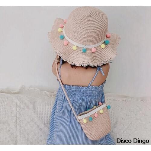 Straw Knitted Hat Shoulder Bag Children Cute Cartoon Beach Travel Sunscreen Lace Wave Sunscreen Hat