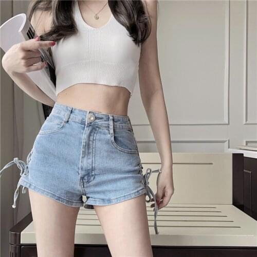 Super Sexy Women Denim Shorts With Straps Both Sides Hollow Stretch Short Jeans Femme Buttocks Slim Tight Pants Pantalones Mujer