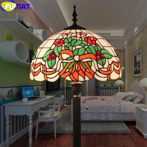 FUMAT Tiffany Floor Lamp Red Cherry Rose Green Leaf Stained Glass Gemstone Lampshade Multe Color Light Retro Style Home Decor