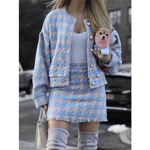Retro Houndstooth Pearl Buckle Design Tweed Short Jacket + High Waist Fringed Half Skirt Suit Autumn And Winter New Classic