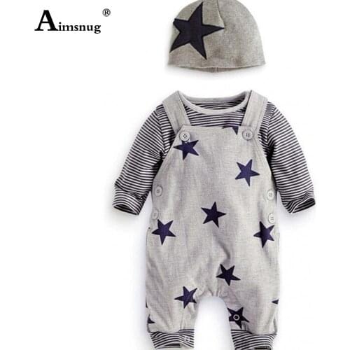 Unisex Boys Girls Three Pieces Outfits 2021 Fashion Stripes Shirt and Strappy Star Print Jumpsuits with Hat Children Sets