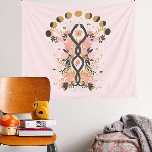 Vintage Pink Moon Phase Tapestry Wall Hanging for Dorm Room INS Trippy Tapestry Psychedelic Wall Prints Floral Moon Tapestry