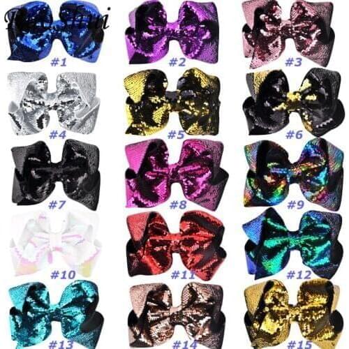 15pcs/lot 8 inch Women Mermaid Sequin Grosgrain Ribbon Hair Bow Alligator Clips Barrette Bowknot Children Girls Hair Accessories