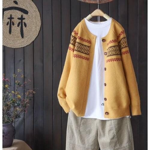 Raglan sleeves knitted cardigan jacquard sweater autumn winter new retro lazy style jacket women