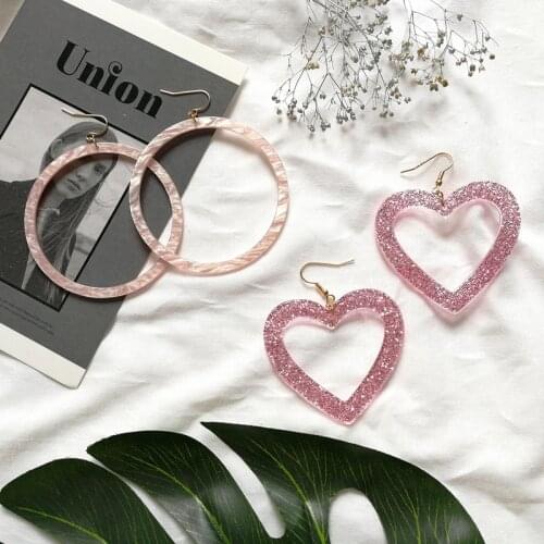 Pink Large Geometric Round Glitter Acetate Acrylic Drop Earrings for Women Girl Gift Japan Korea Cute Heart Dangle Earrings