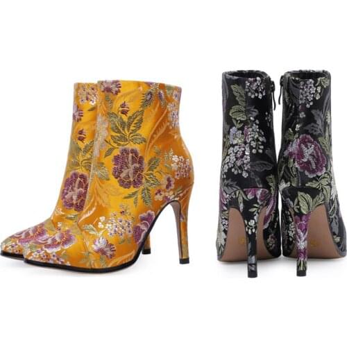 Silk Embroidery Womens Boots Autumn 2021 New Ethnic style Women shoes Thin High Heel Tip Ankle boots Black Gold Plus Size 34-43